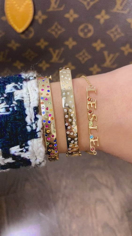Lilor Jewels bracelet stack, Celestial bangles and initials and birthstones personalized bracelet