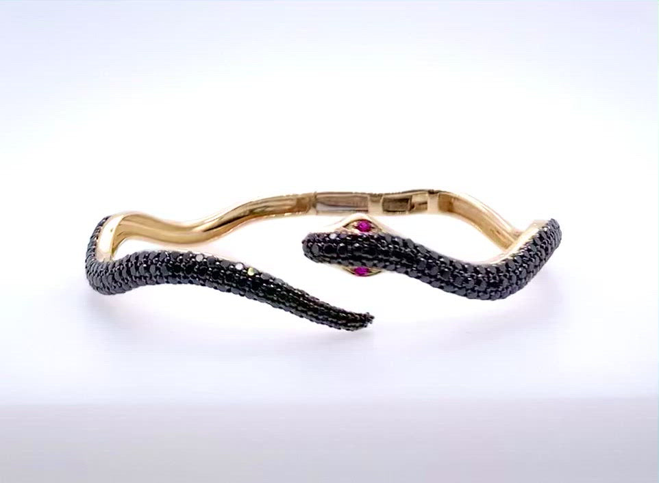 
                  
                    Load and play video in Gallery viewer, Lilor Jewels black diamond ruby eyes elysium snake bangle bracelet cuff
                  
                