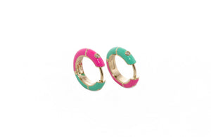 
                  
                    Load image into Gallery viewer, icarus reversible huggies mint and fuchsia diamond earrings
                  
                