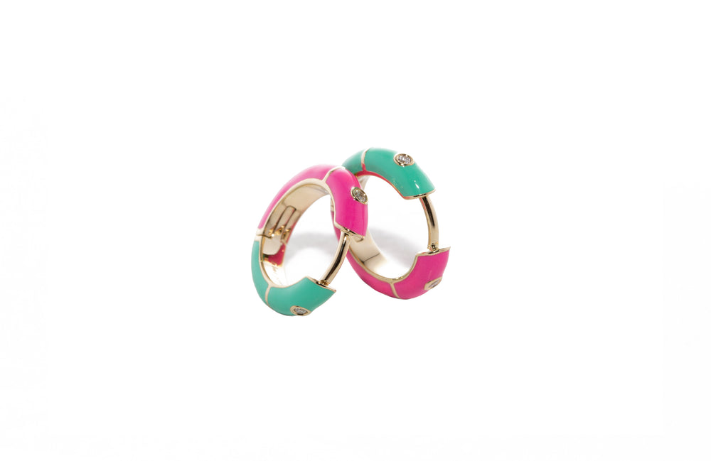 
                  
                    Load image into Gallery viewer, icarus reversible huggies mint and fuchsia diamond earrings
                  
                