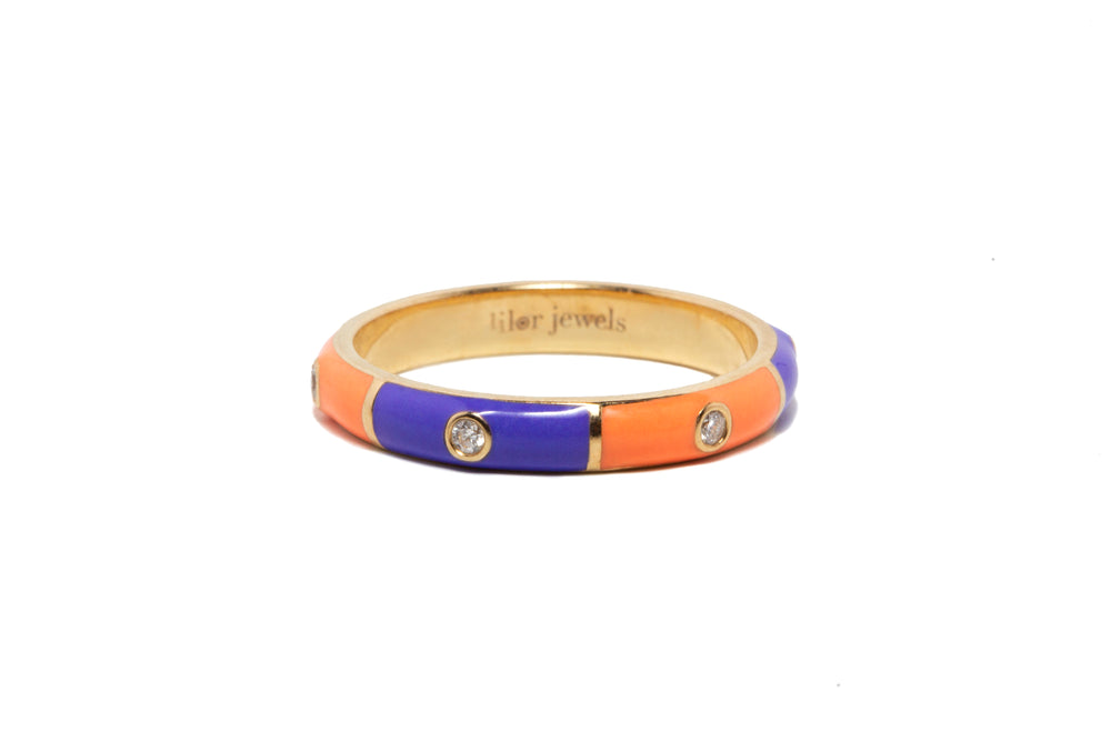 Lilor Jewels Icarus Sunset Ring with enamel and white diamonds in 14k gold stack